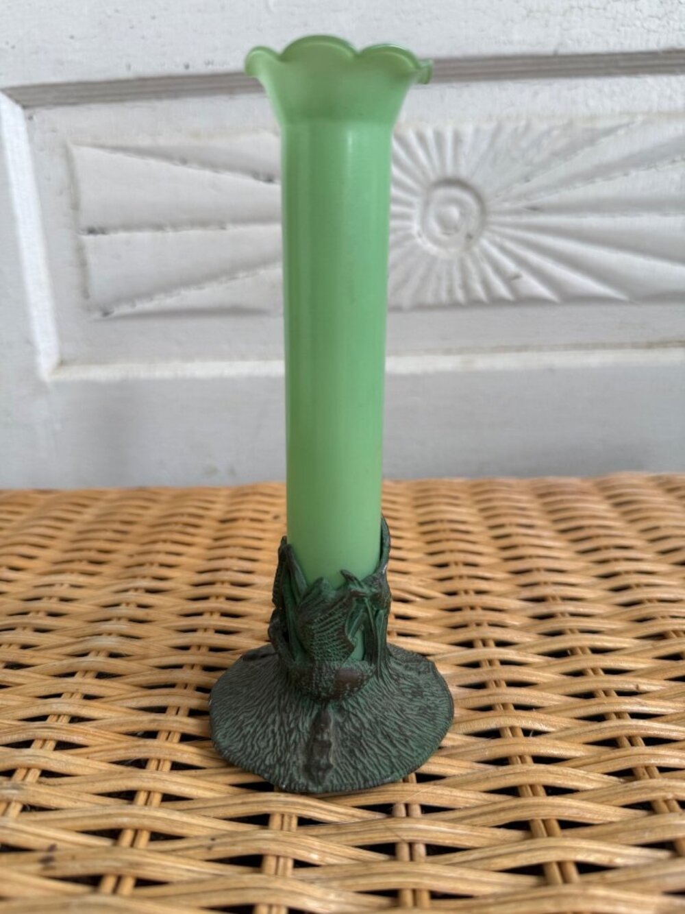 Antique 1910s Nouveau Green Opaline Glass Trumpet Bud Vase Metal Base
